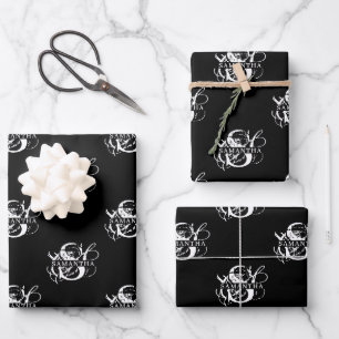 Chic Black & White Distressed Script Monogram Wrapping Paper Sheet