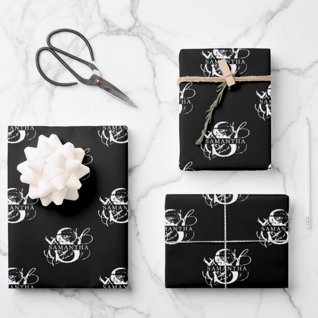 Chic Black & White Distressed Script Monogram Wrapping Paper Sheet (Front)