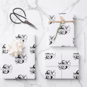 Chic Black & White Distressed Script Monogram Wrapping Paper Sheet