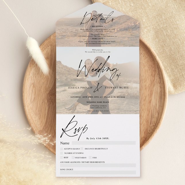 Chic black white elegant script 2 photos wedding all in one invitation (Creator Uploaded)