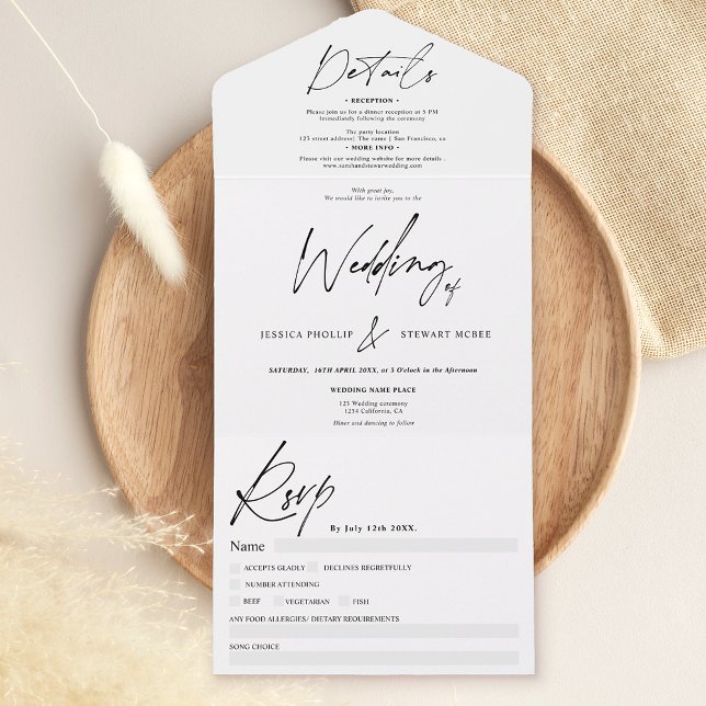 Chic black white elegant script modern wedding all in one invitation (Creator Uploaded)