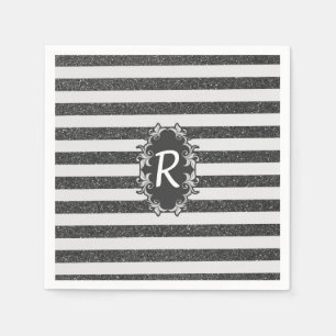 Chic black white faux glitter stripes monogram napkin