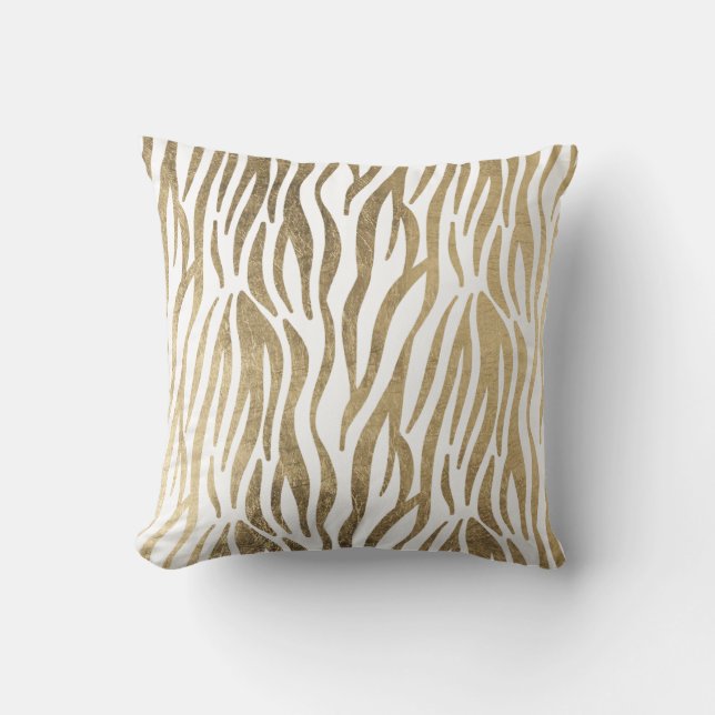 Chic black white faux gold zebra animal print cushion (Front)