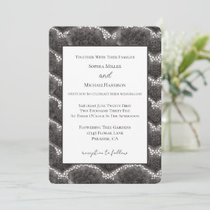 Chic Black White Faux Lace Floral Wedding Invitation