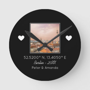 Chic Black & White First Date Keepsake Boyfriend Round Clock