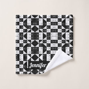 Chic Black & White Floral Chequerboard Custom Name Wash Cloth