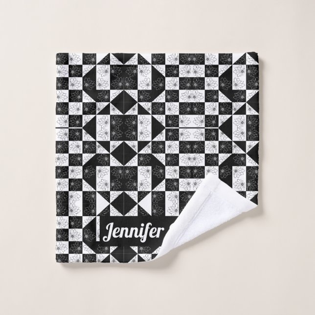 Chic Black & White Floral Chequerboard Custom Name Wash Cloth (Wash Cloth)