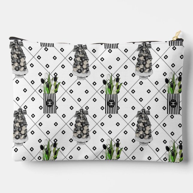 Chic Black & White Floral & Graphic Makeup Pouch (Back)