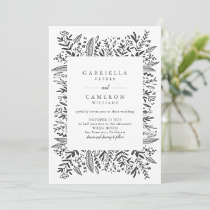 Chic Black White Floral Line Art Drawing Wedding  Invitation