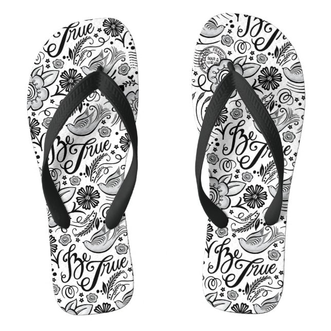 Chic Black White Floral Pattern Flip Flops (Footbed)
