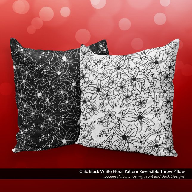 Chic Black White Floral Pattern Reversible Cushion (Chic Black and White Floral Pattern Reversible Throw Pillow)