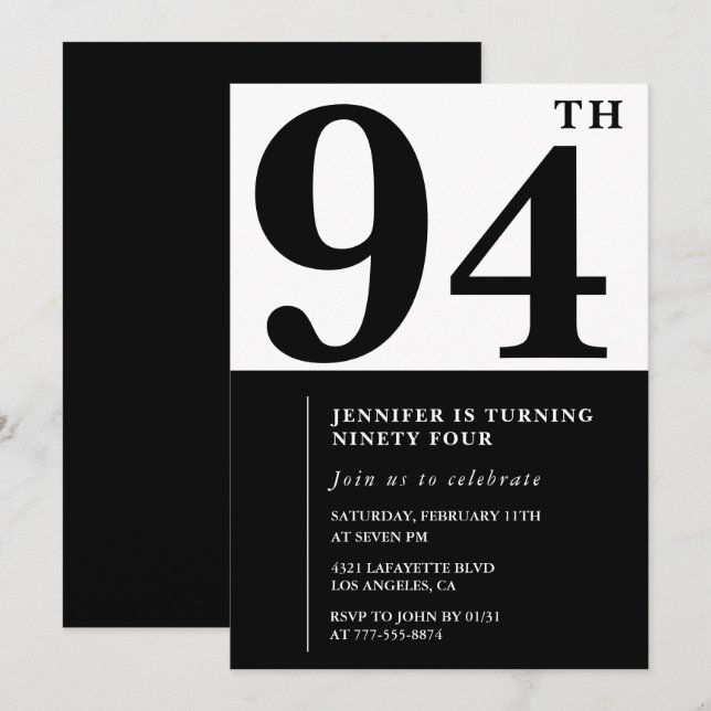 Chic Black White for her 94th birthday Invitation (Front/Back)