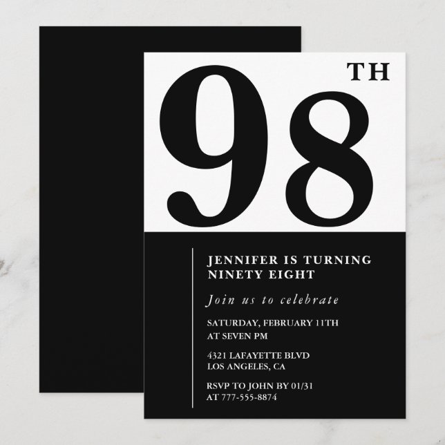 Chic Black White for her 98th birthday Invitation (Front/Back)