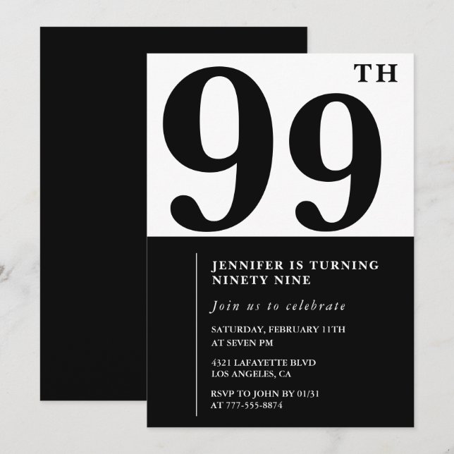 Chic Black White for her 99th birthday Invitation (Front/Back)