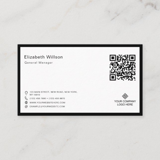 Chic Black & White Frame Business Logo QR Code Card (Front)