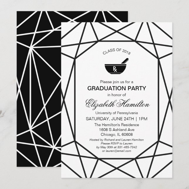 Chic Black & White Gem Pharmacy School Grad Party Invitation (Front/Back)