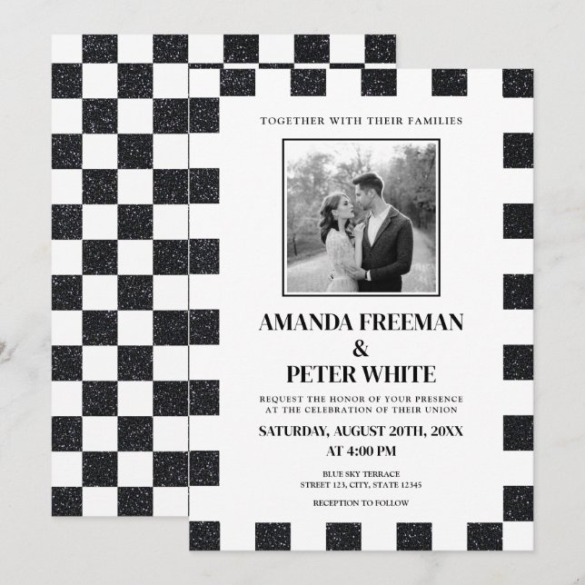 Chic Black & White Glitter Chequerboard Wedding Invitation (Front/Back)
