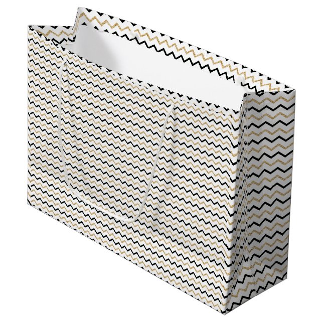Chic Black, White & Gold Chevron Gift Bag (Front Angled)