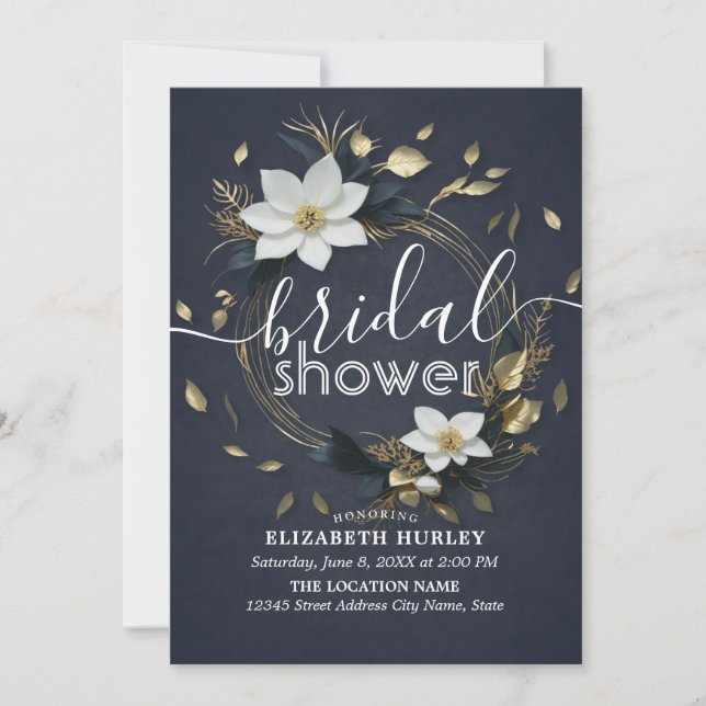 Chic Black White Gold Floral Wreath Bridal Shower Invitation (Front)