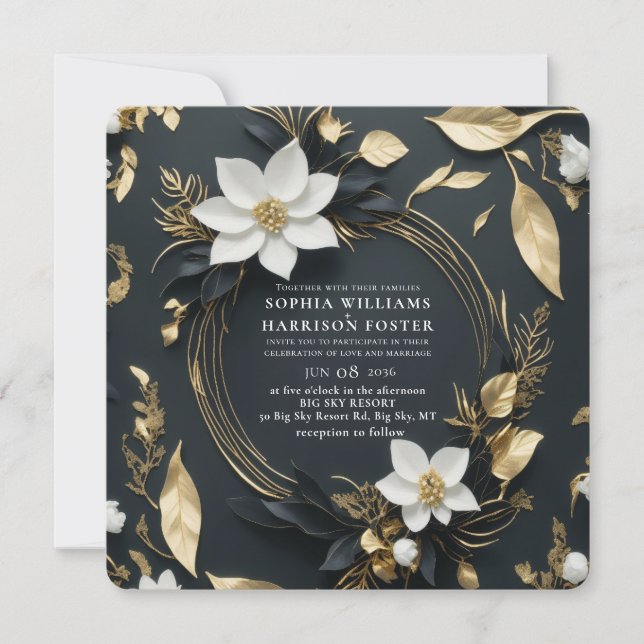 Chic Black White Gold Floral Wreath Wedding Photo Invitation (Front)