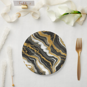  Chic Black White Gold Marble Look Glam Wedding  Paper Plate