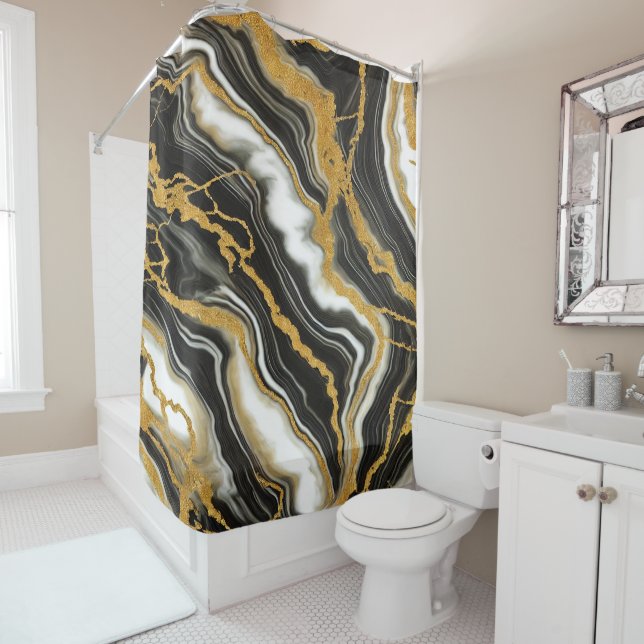  Chic Black White Gold Marble Look Glamour Shower Curtain (In Situ)
