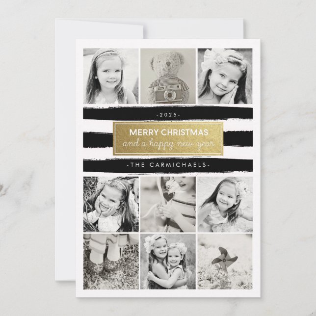 Chic Black White Gold Photo Collage Holidays Card (Front)