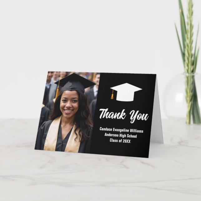 Chic Black White Graduate Photo Graduation Folded Thank You Card (Front)
