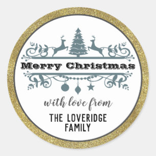 Chic Black White Gray Merry Christmas Gold Glitter Classic Round Sticker