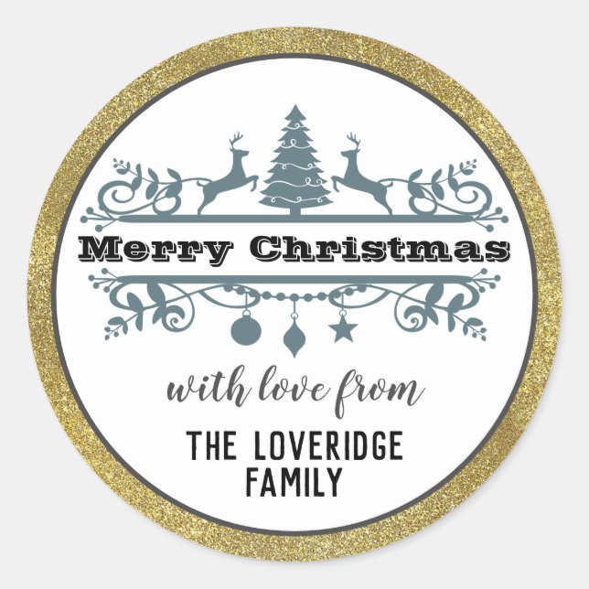 Chic Black White Grey Merry Christmas Gold Glitter Classic Round Sticker (Front)
