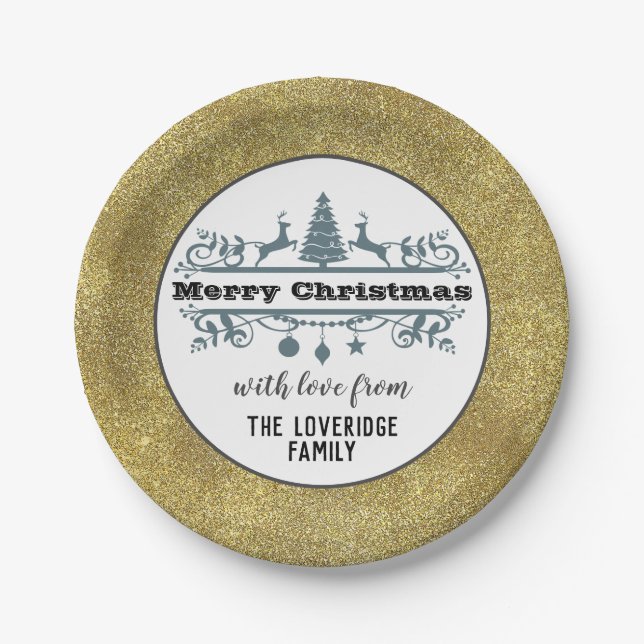 Chic Black White Grey Merry Christmas Gold Glitter Paper Plate (Front)