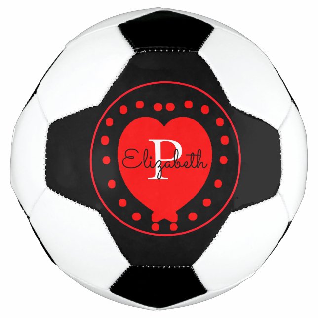 Chic Black White Initial Monogram Red Heart Football (Front)