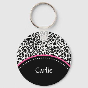Chic Black White Leopard Print Pink Accent Name Key Ring