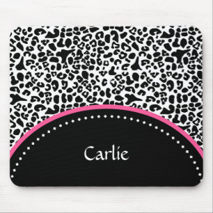 Chic Black White Leopard Print Pink Accent Name Mouse Mat