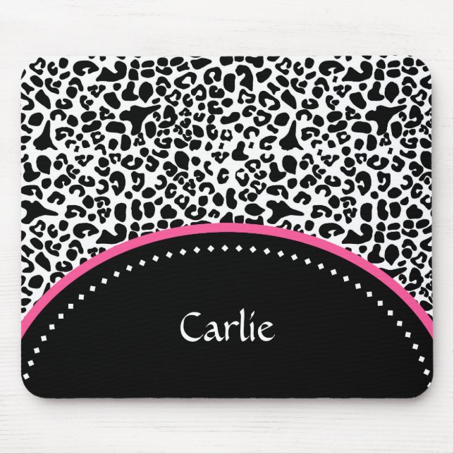 Chic Black White Leopard Print Pink Accent Name Mouse Mat (Front)