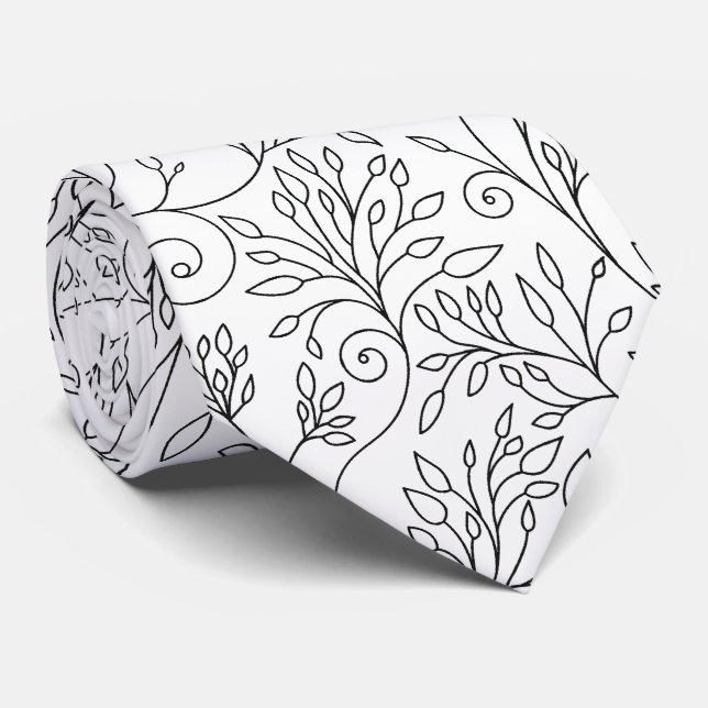 Chic Black White Line Art Vines Floral Pattern Tie (Rolled)