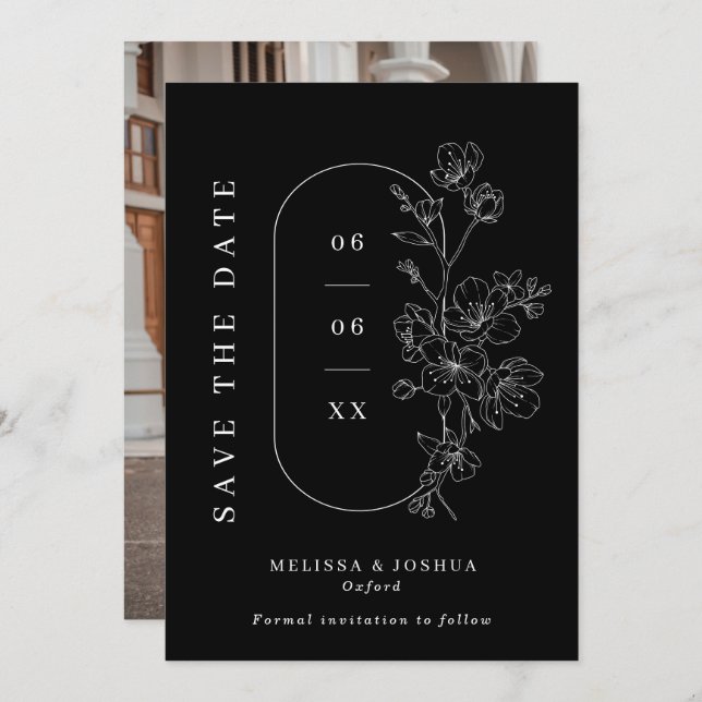 Chic Black & White Line Drawn Floral Photo Wedding Save The Date (Front/Back)