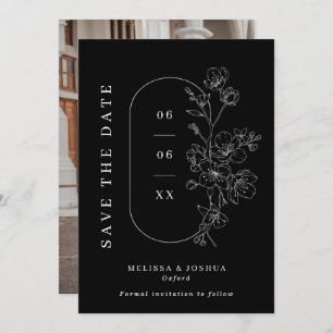 Chic Black & White Line Drawn Floral Photo Wedding Save The Date