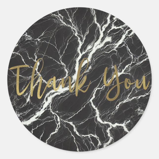 Chic Black & White Marble Gold Glamour Thank You Classic Round Sticker (Front)
