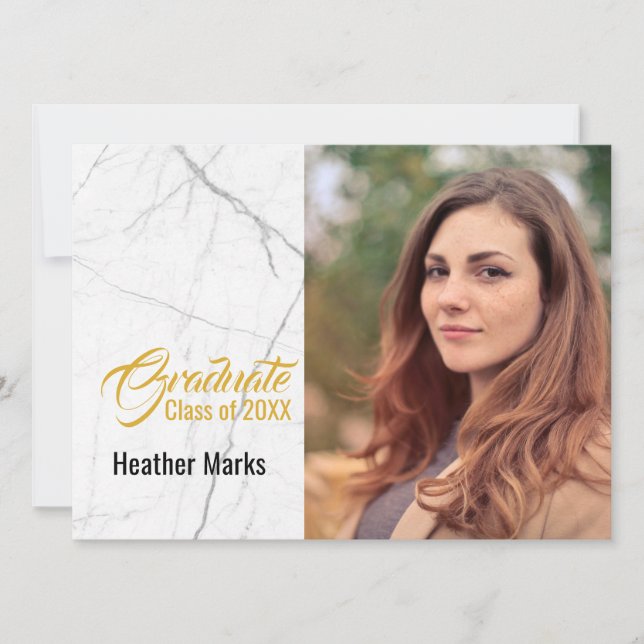 Chic Black White Marble Gold Photo Graduation Invitation (Front)