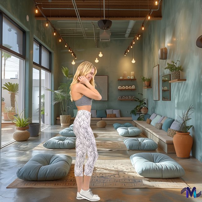 Chic Black & White Minimalist Leaf Pattern Custom Capri Leggings (Creator Uploaded)