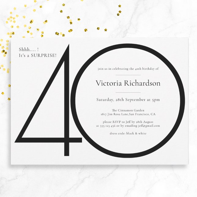 Chic Black White Minimalist Surprise 40th Birthday Invitation (Mockup View)