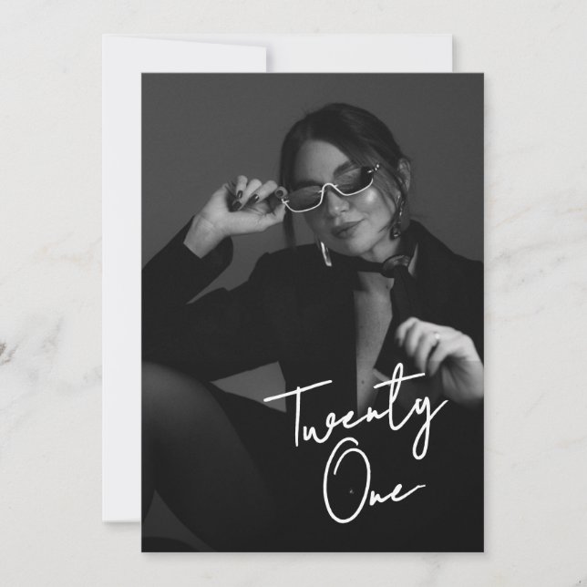 Chic Black & White Modern21st Photo Birthday Invitation (Front)