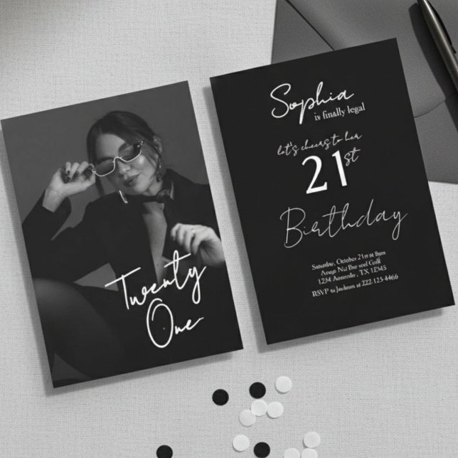 Chic Black & White Modern21st Photo Birthday Invitation (Creator Uploaded)