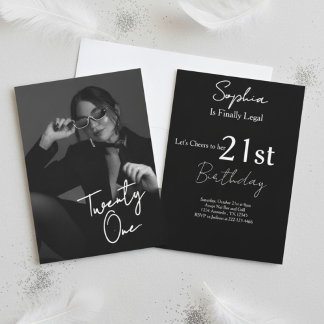Chic Black & White Modern21st Photo Birthday Invitation