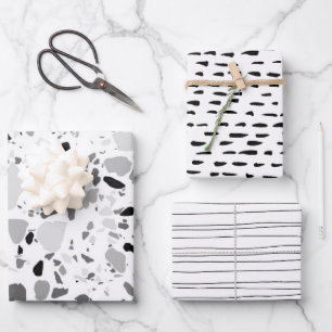 Chic Black & White Modern Patterns Terrazzo Inky Wrapping Paper Sheet