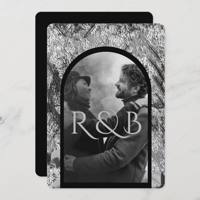 Chic Black White Mountains Arched Photo Wedding Invitation (Front/Back)