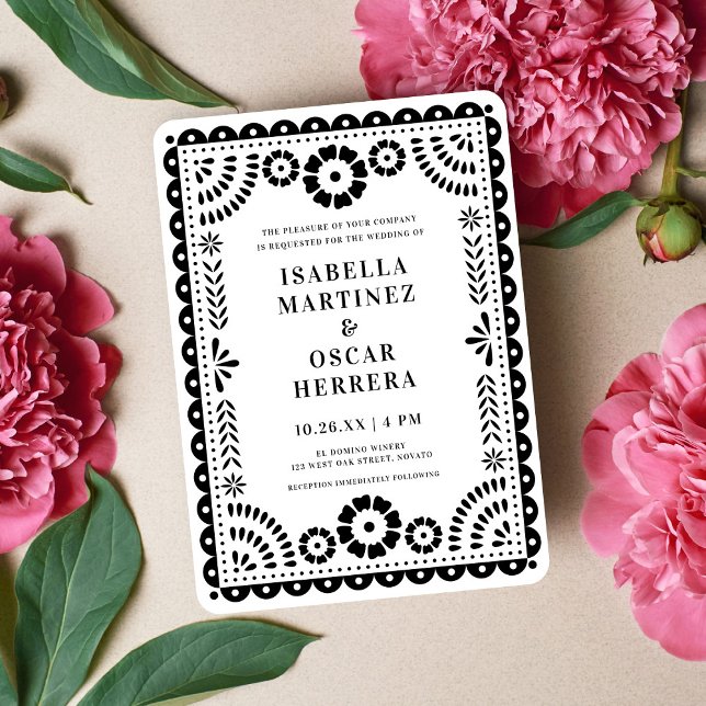 Chic Black & White Papel Picado Inspired Wedding  Invitation (Creator Uploaded)