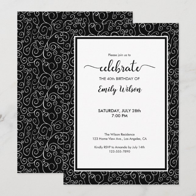 Chic Black White Pattern 40th Birthday Invitation (Front/Back)