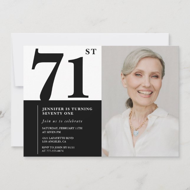 Chic Black White Photo 71st Birthday Invitation (Front)